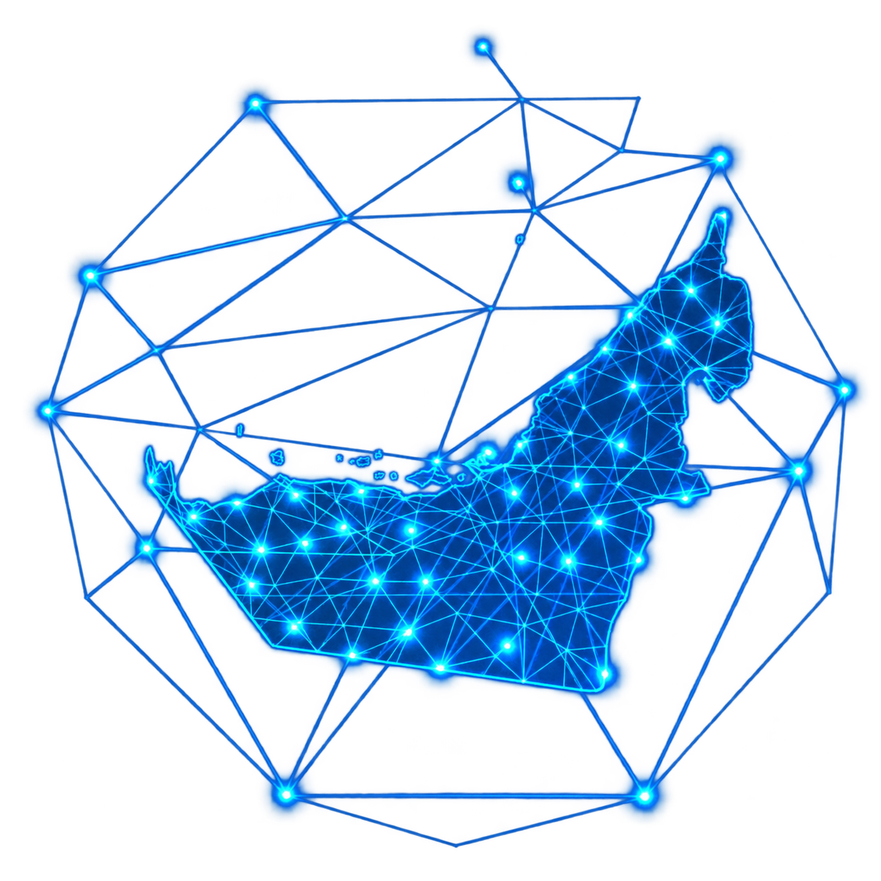 A glowing blue digital network map of the United Arab Emirates